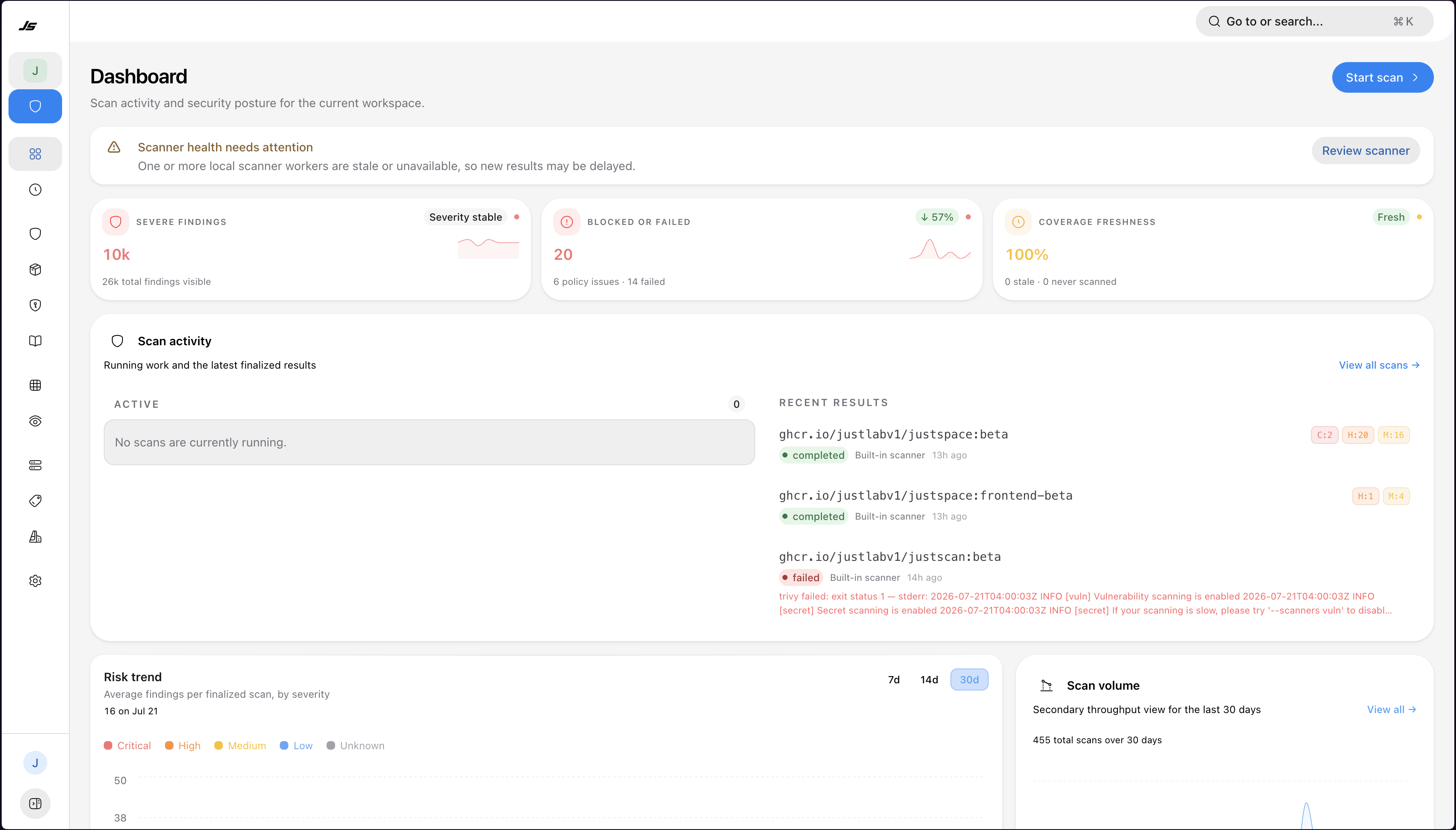 JustScan overview with a container image scan in progress